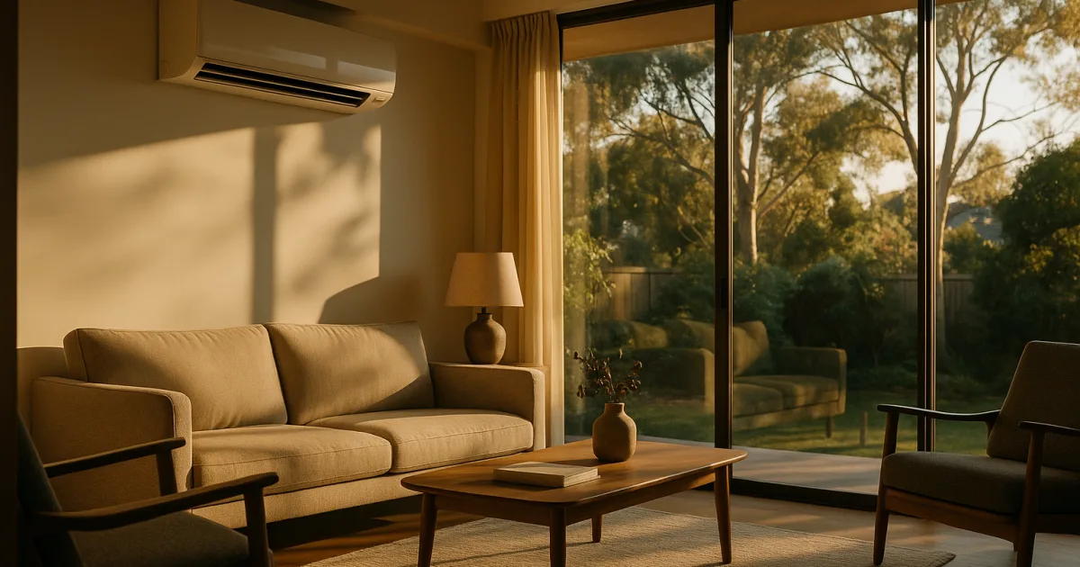 Reverse-cycle split-system air conditioner in a sunlit modern Australian living room