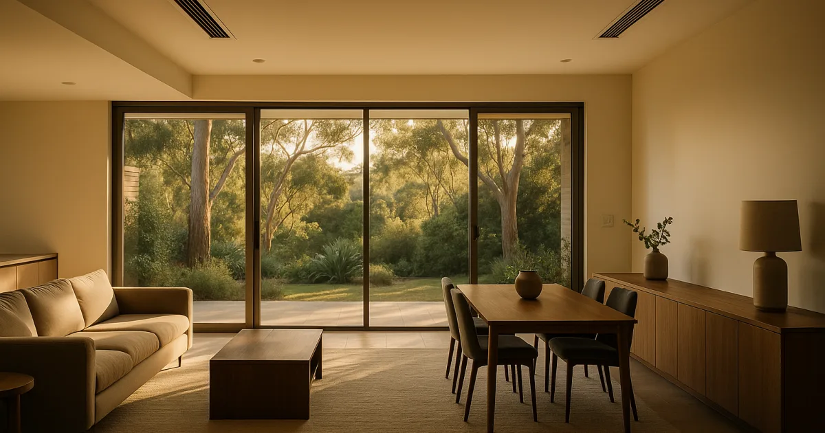 Ducted air-conditioning vents in the ceiling of a modern open-plan Australian home
