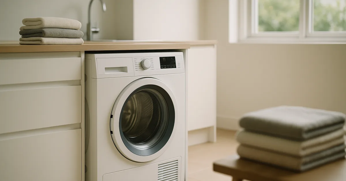Heat-pump clothes dryer in a bright modern Australian laundry