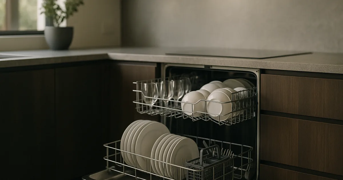 Open modern dishwasher with clean dishes in a sleek Australian kitchen