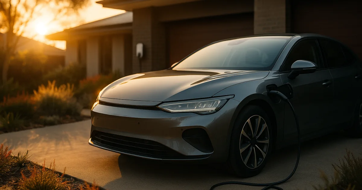 Electric vehicle charging at an Australian suburban home at dusk