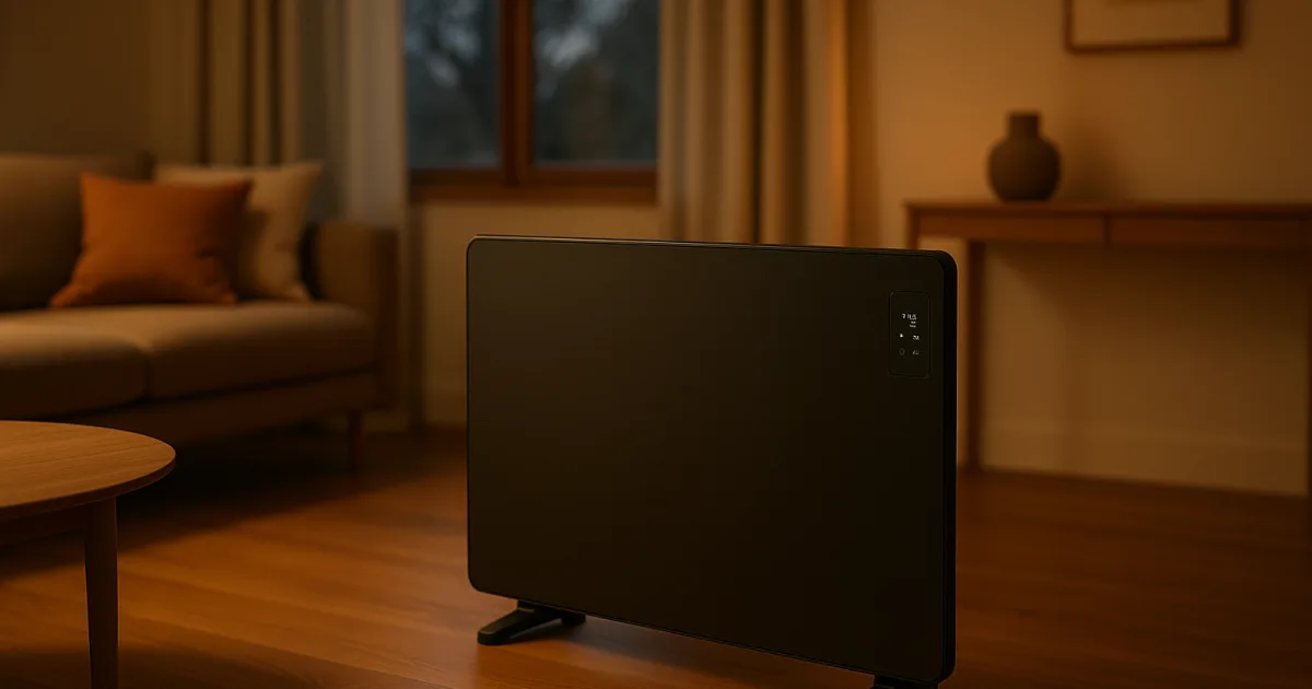 Energy-efficient panel heater in a warm minimalist Australian living room