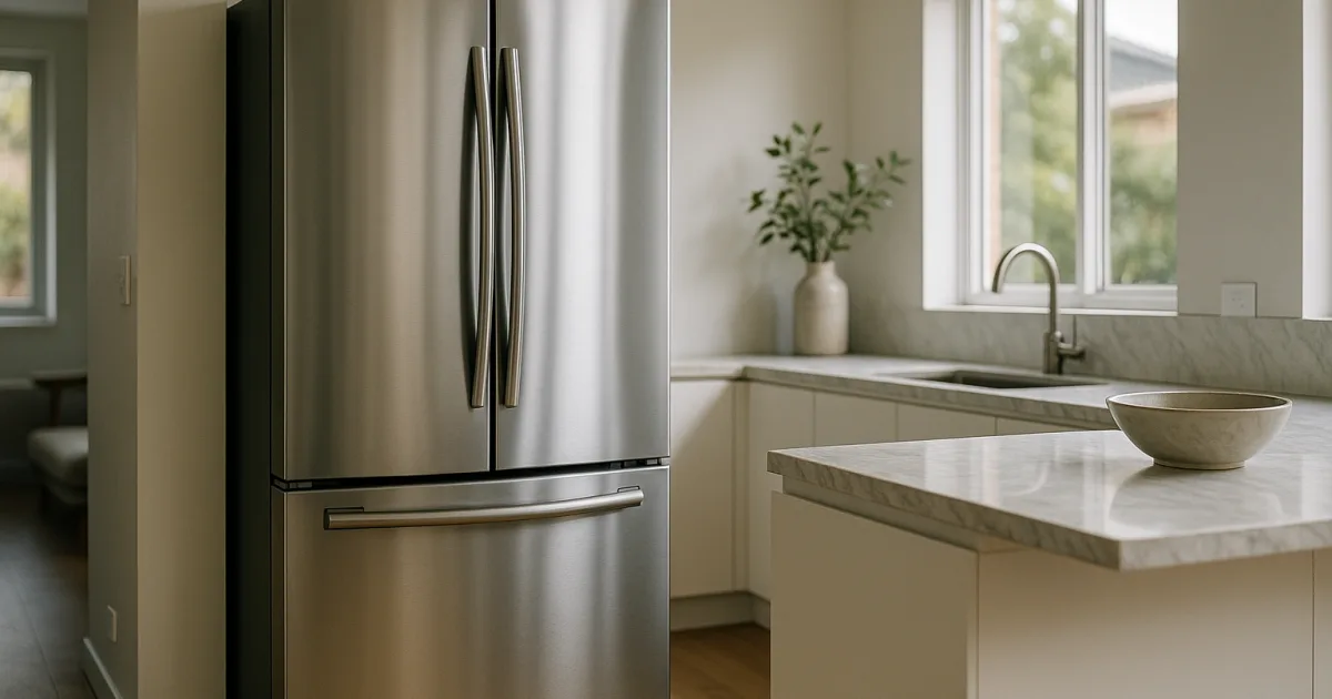 Modern stainless-steel refrigerator in a bright contemporary Australian kitchen