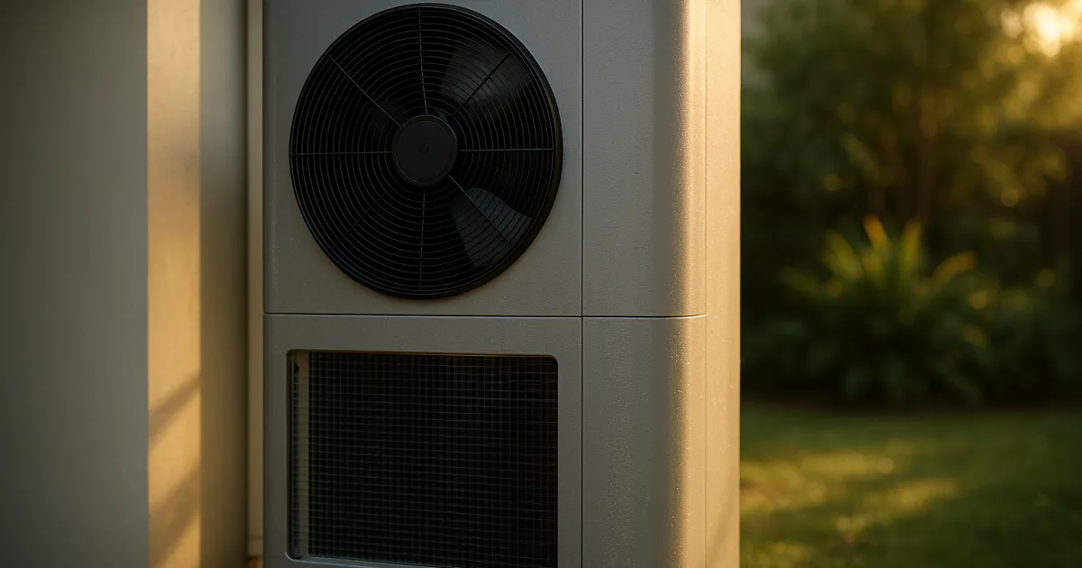 Modern air-source heat pump outdoor unit beside a contemporary Australian home