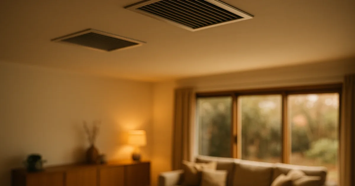Ducted heating vents in the ceiling of a warm modern Australian living room