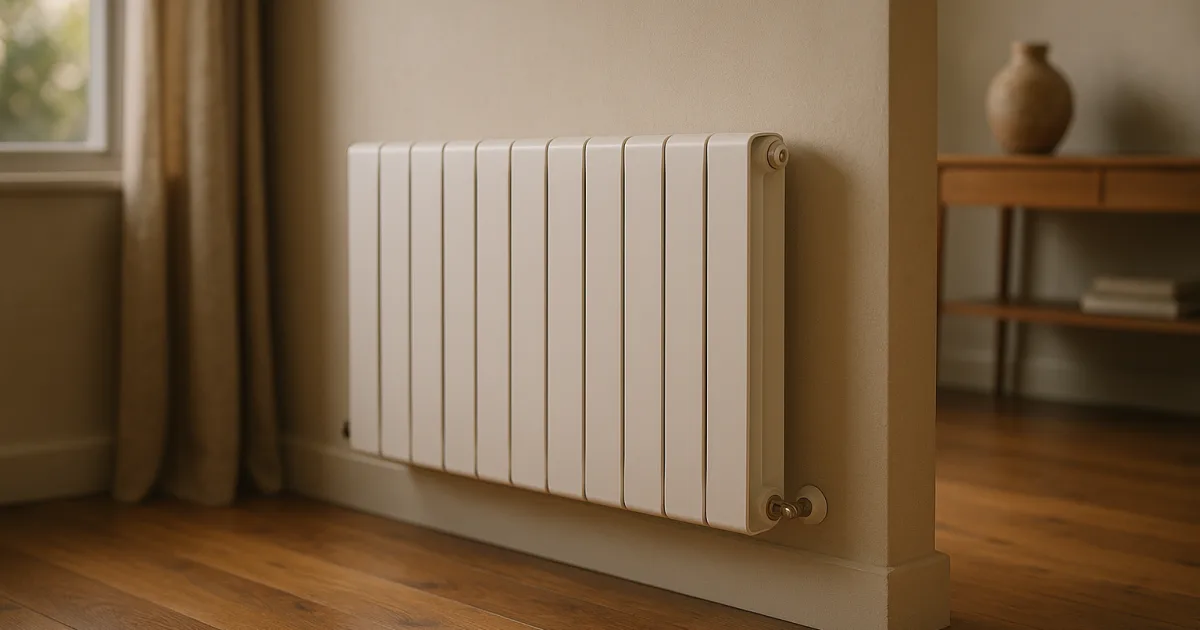 Wall-mounted hydronic heating radiator panel in a warm modern Australian room