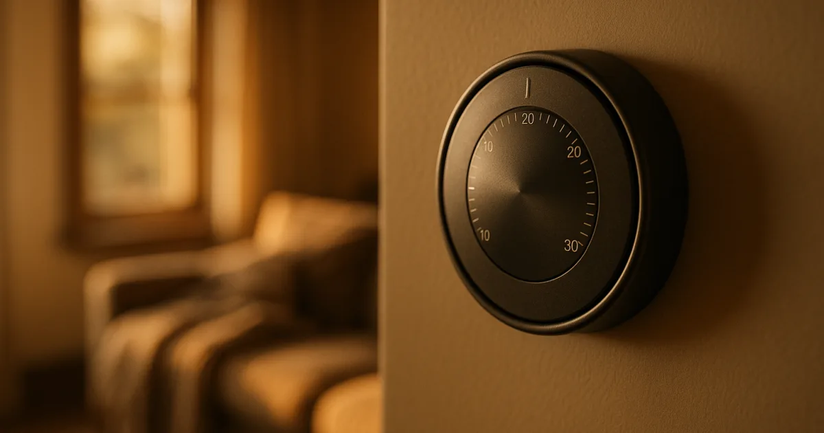 Wall thermostat in a warm, draught-sealed modern Australian living room in winter
