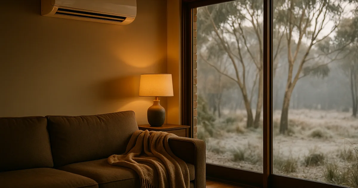 Reverse-cycle air conditioner heating a cosy modern Australian living room in winter