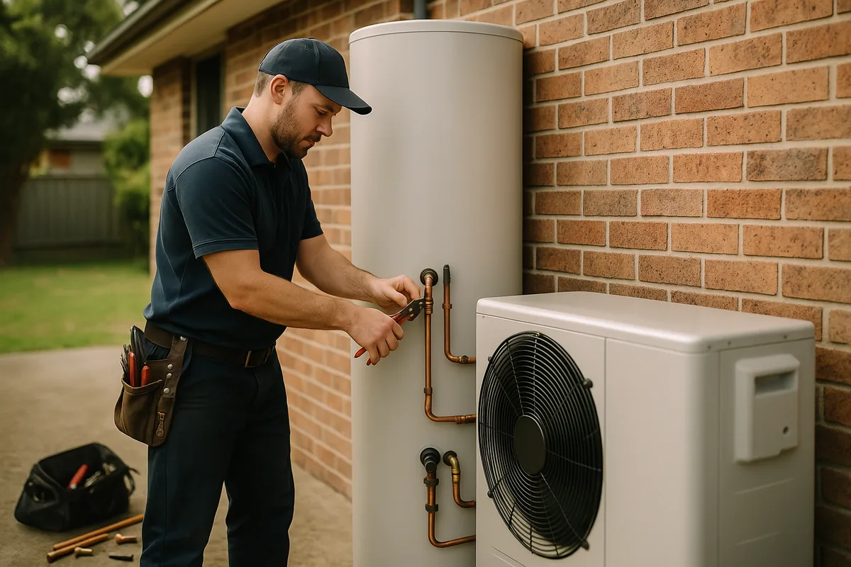 Plumber installing a new heat-pump hot water system at an Australian home