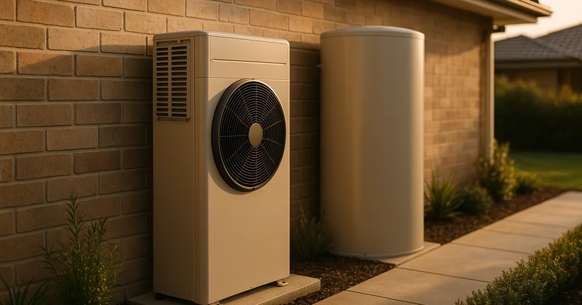 Heat-pump hot water system installed against the wall of a modern Australian home