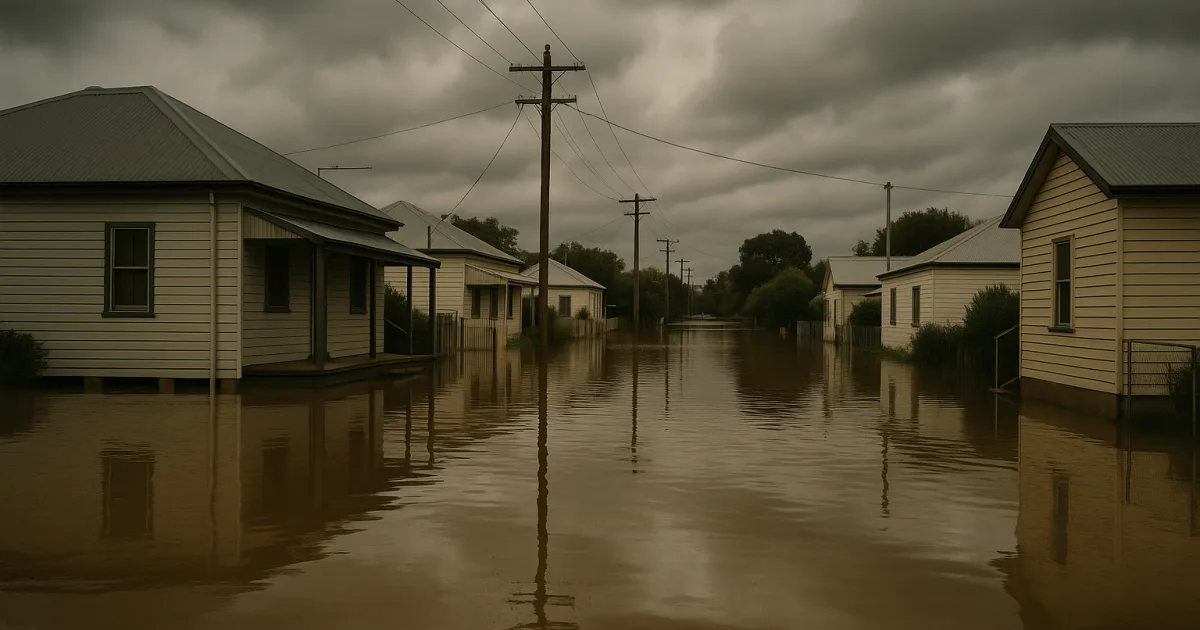 Flooded New South Wales street with power infrastructure