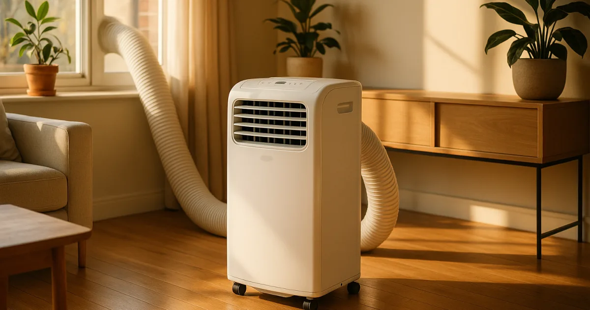 White portable air conditioner with an exhaust hose venting through a window in an Australian apartment