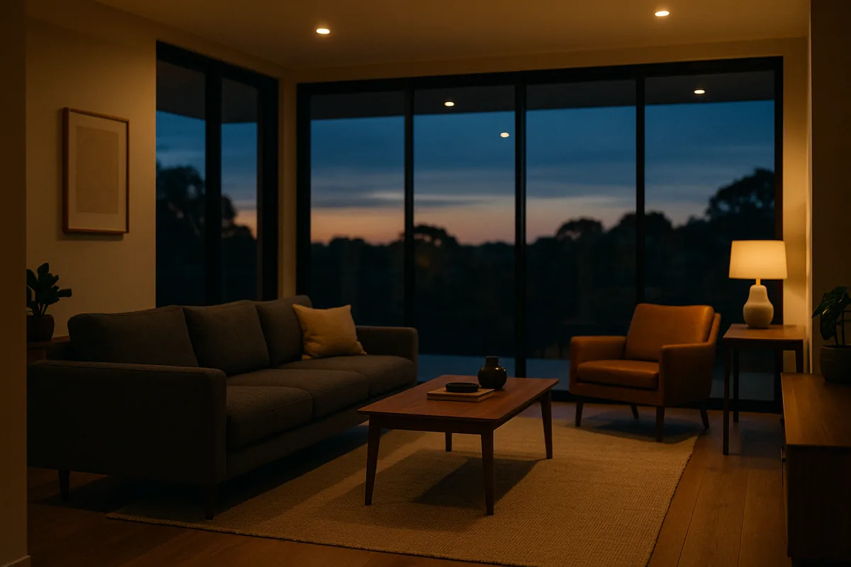 Modern Australian home with efficient smart LED lighting at dusk