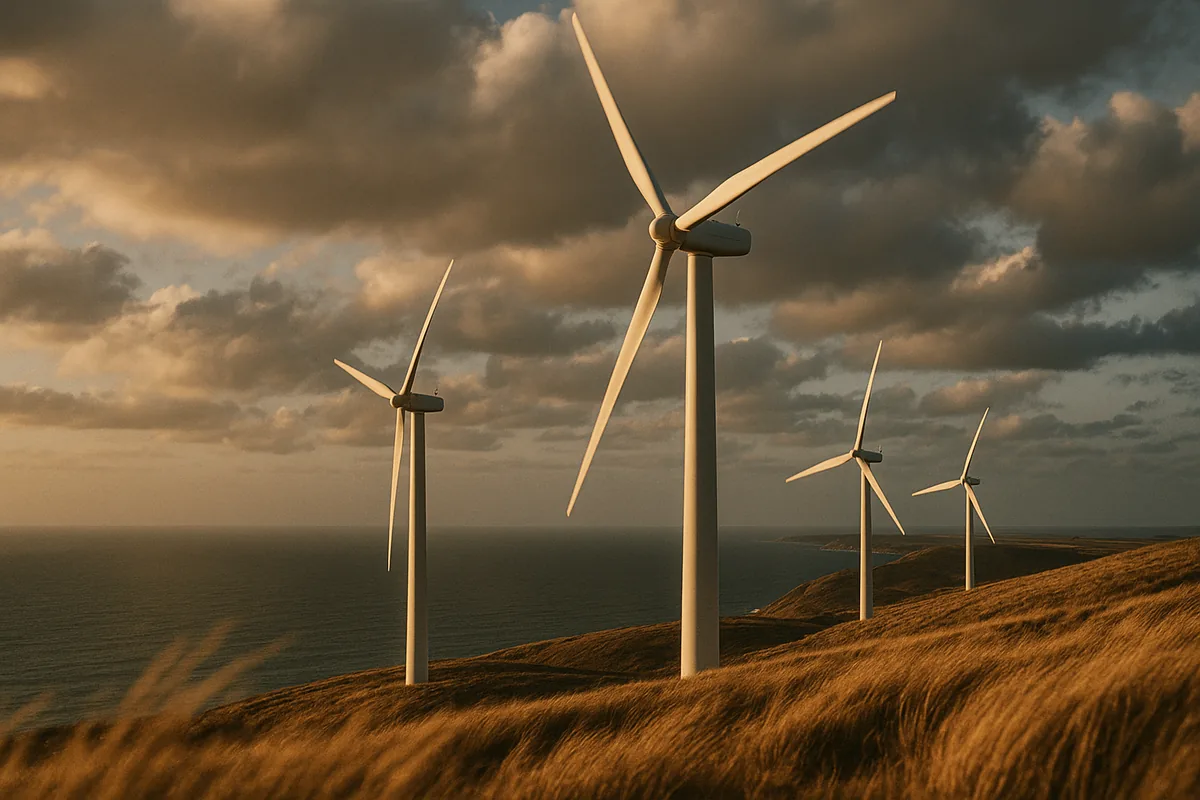 Wind turbines on an Australian coastal ridge at golden hour