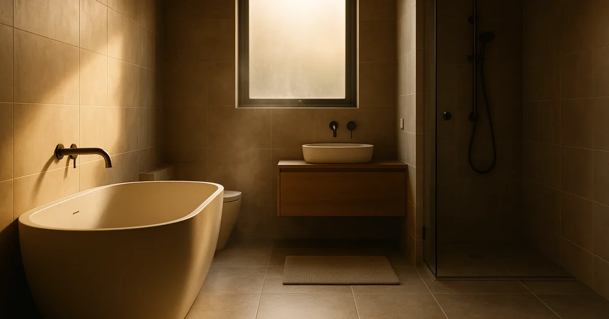 Warm tiled underfloor-heated bathroom in a modern Australian home