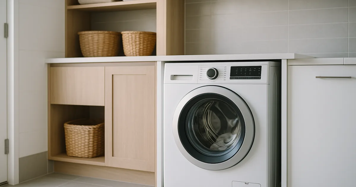 Front-loader washing machine in a bright modern Australian laundry