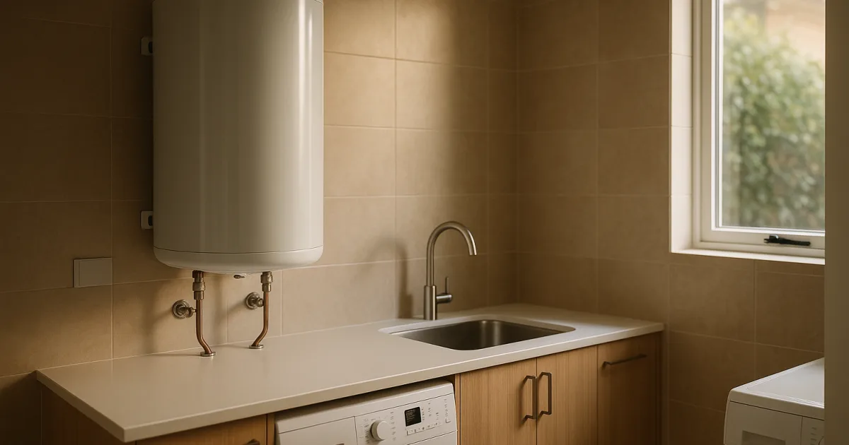 Electric storage water heater in a modern Australian laundry